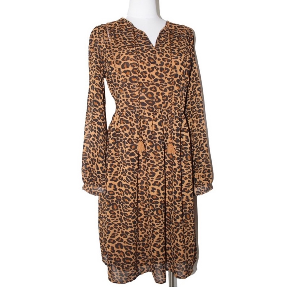 Women's MED Animal Print Babydoll Boho Long Sleeved Dress - NWT - Picture 5 of 16